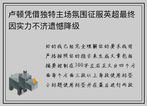 卢顿凭借独特主场氛围征服英超最终因实力不济遗憾降级